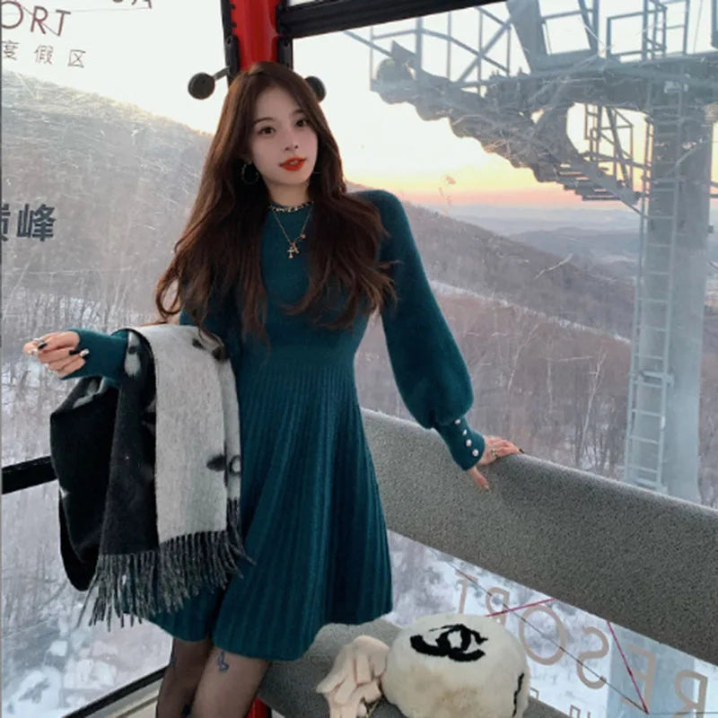 Sweet Cute Pink Faux Mink Cashmere Dress Women 2025