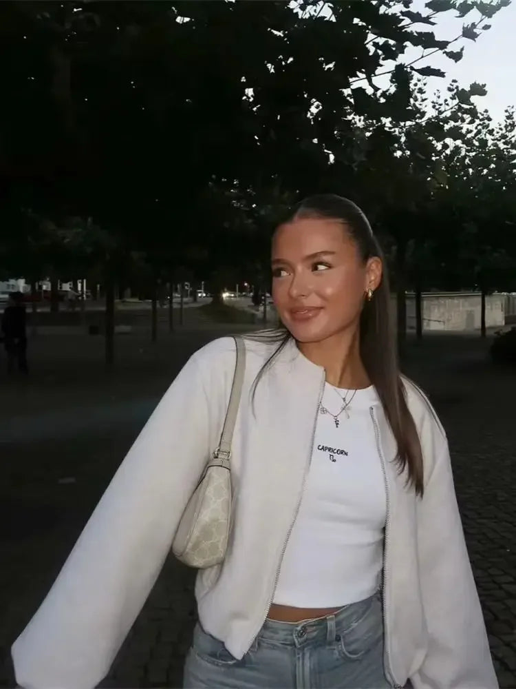 Women Retro Round Neck Long Sleeve Elastic Hem Zipper