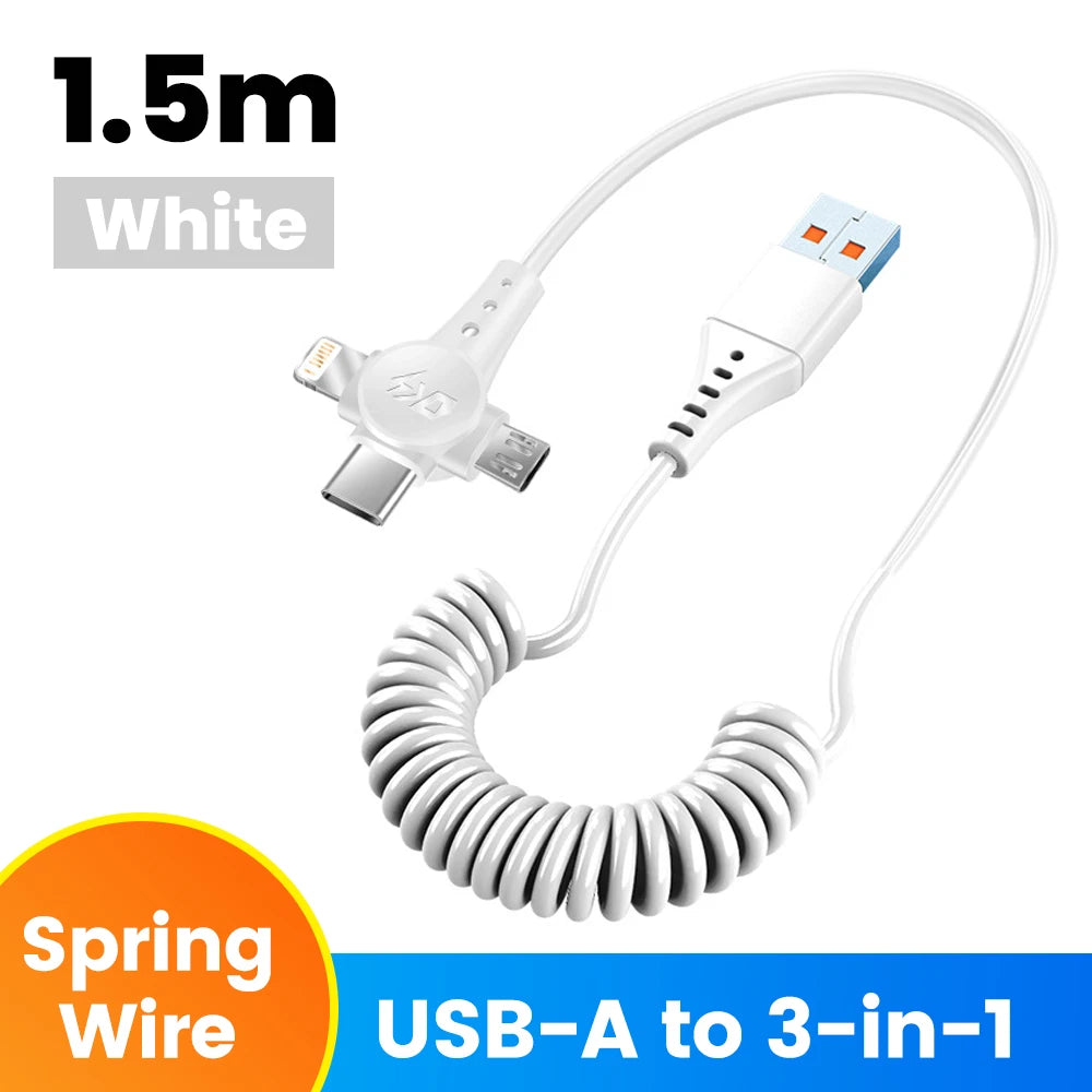 120W 3-in-1 Mobile phone fast charging data cable For iPhone Huawei Xiaomi Super fast charging spring retractable data cable