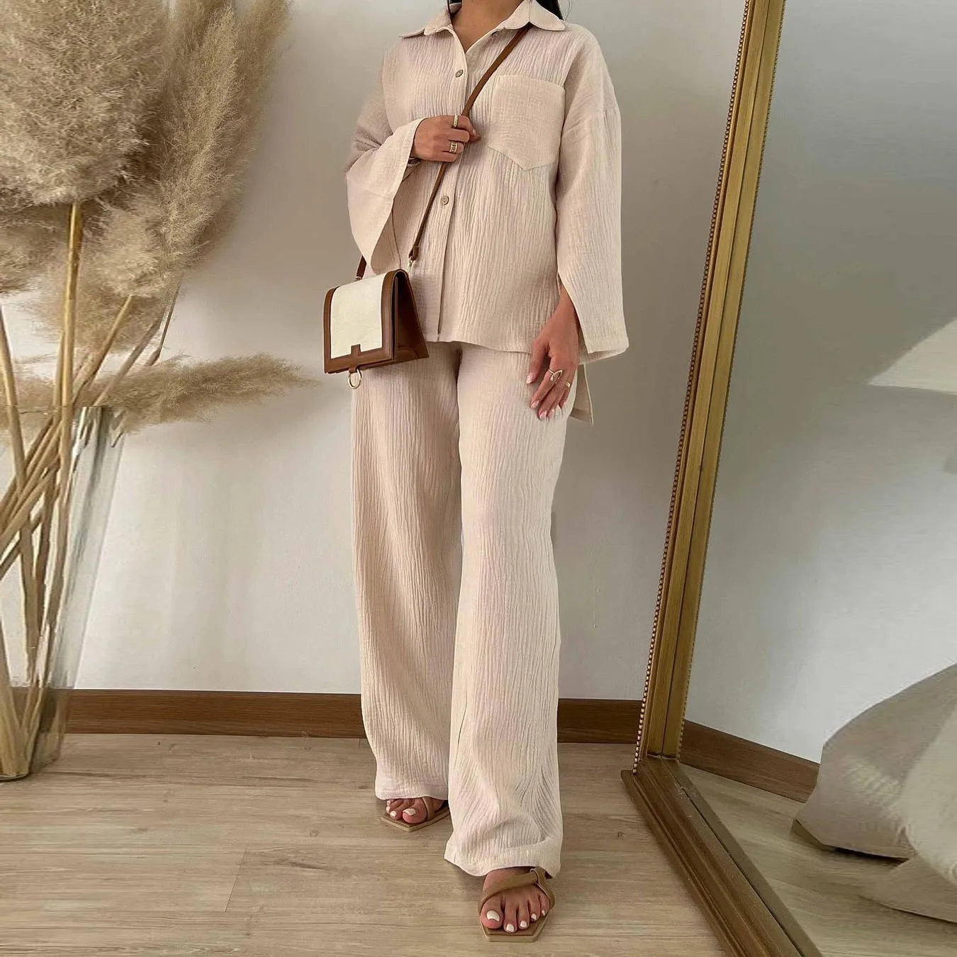Women Two Piece Set Splice Pocket Shirt Wide Leg Pants Ensemble Dubai