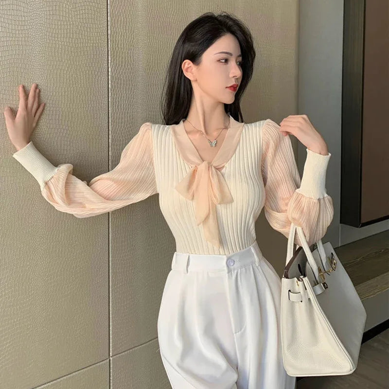 Lucyever Korean Chic Bow V-Neck Women Sweater