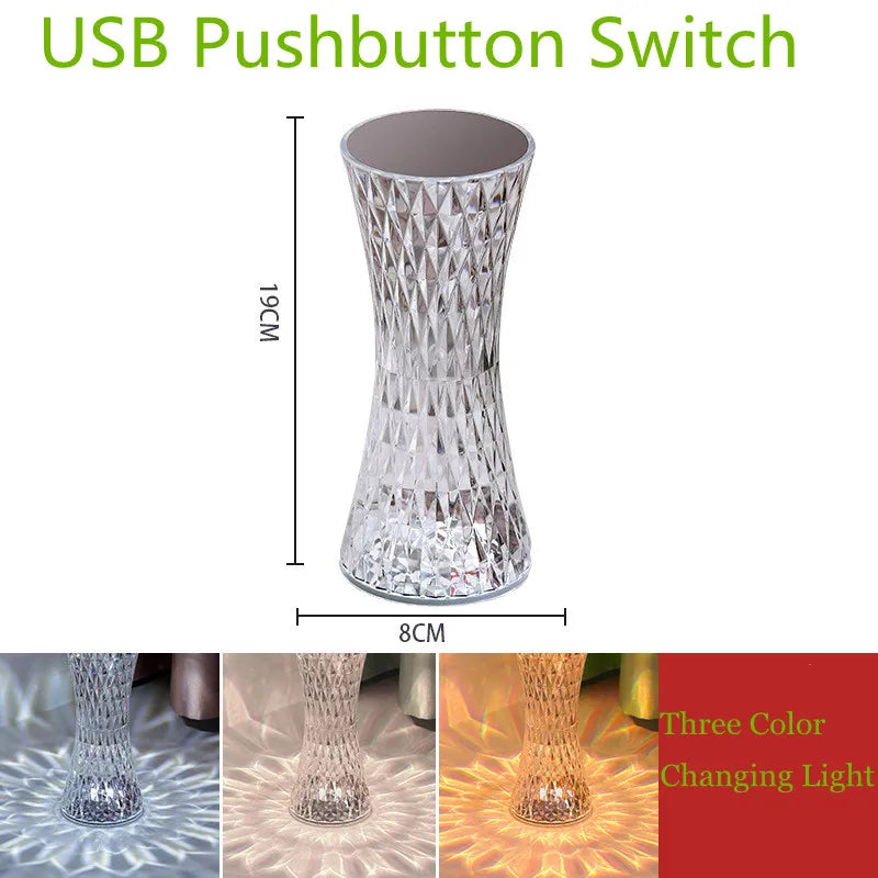 Diamond Desk Lamp USB Rechargeable Crystal Bedside Table Night Lights Bedroom
