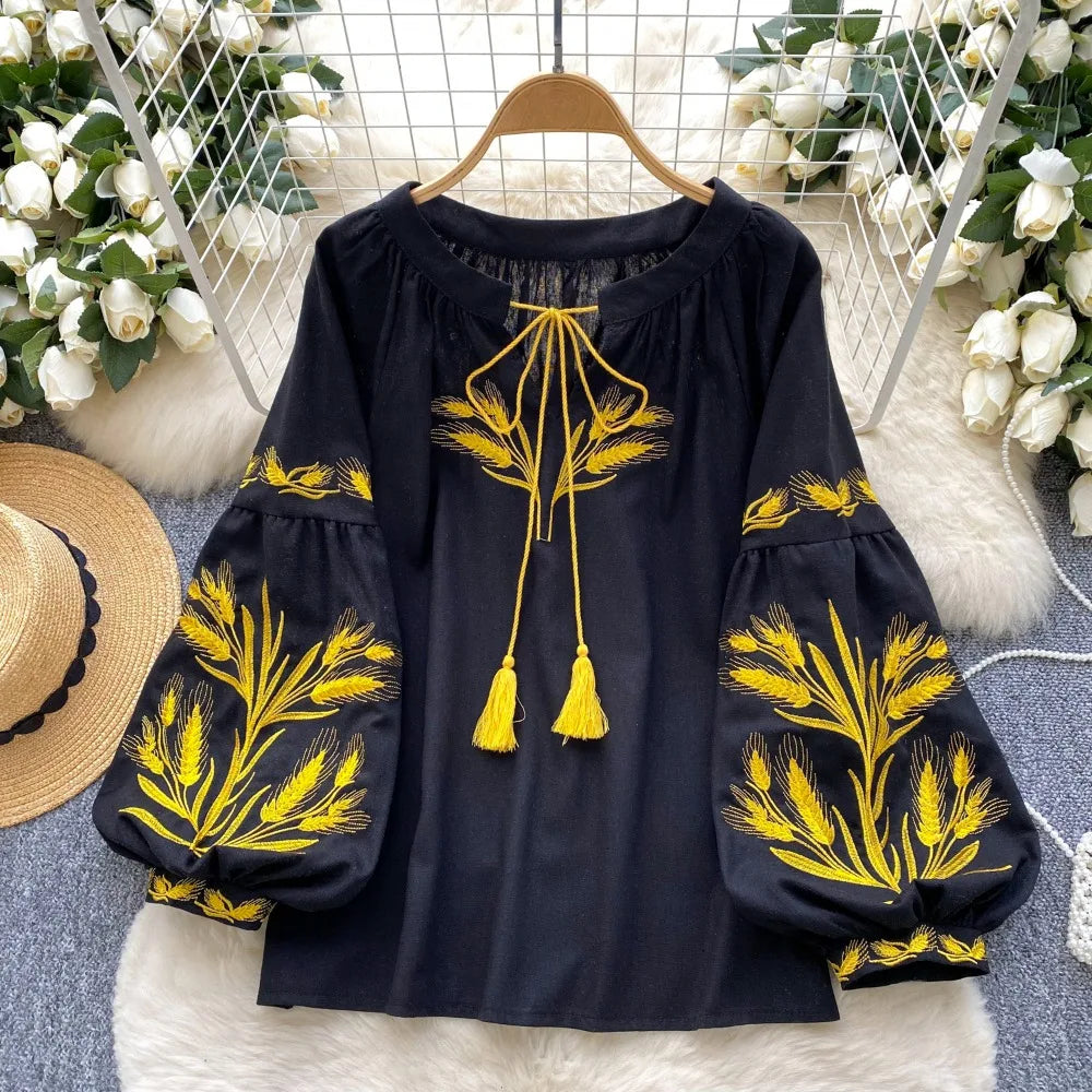 Neck Embroidery Lantern Blouses