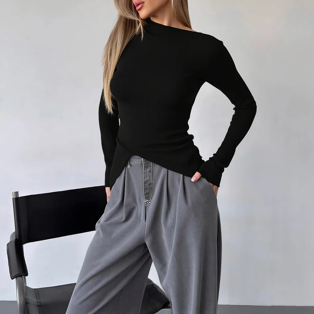 T-Shirts 2025 Women's Simple Plain Long Sleeve Asymmetrical Collar Fitting Slim Basics T-Shirts