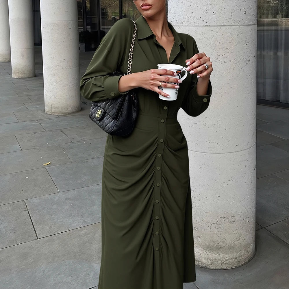 Women's Elegant Plain Long Sleeve Lapel Button Front Fitting Slim Office Lady Dresses