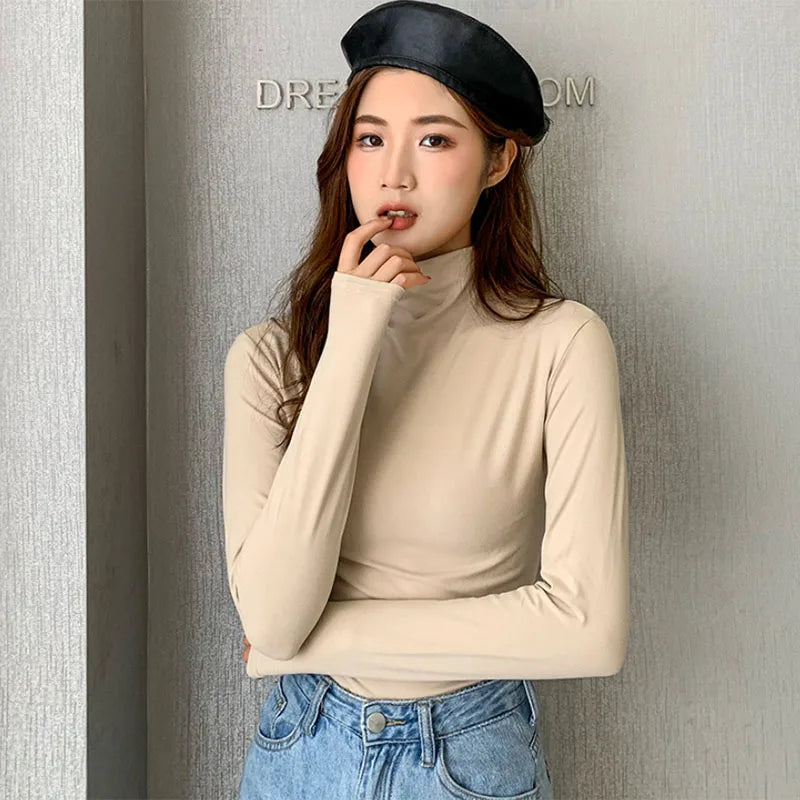 Solid Basic Modal Turtleneck Tshirts Women