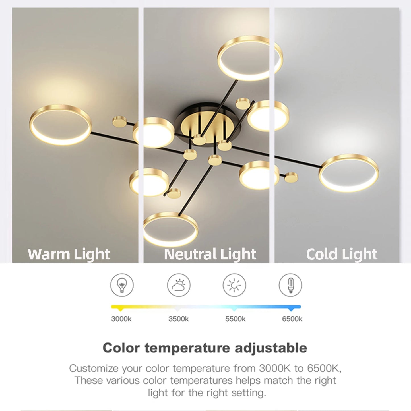 Nordic Pendant Light Gold Black Ceiling Chandelier Dimming Remote Control