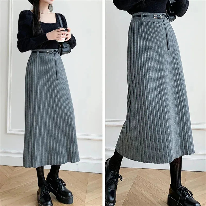 Fashion Temperament Gray Knitted Long Skirt Women Ko