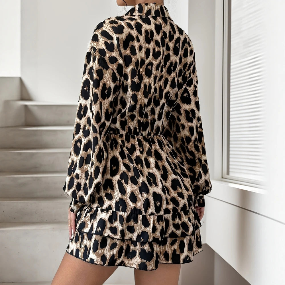 2025 Women's Fashion Casual Leopard Print Lapel Basics Dresses