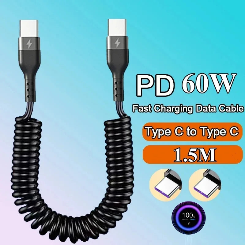 66W 5A USB Type C Cable Fast Charging Spring Telescopic PD60W Type C To USB C Phone Charge Cable For Huawei Xiaomi Redmi Honor