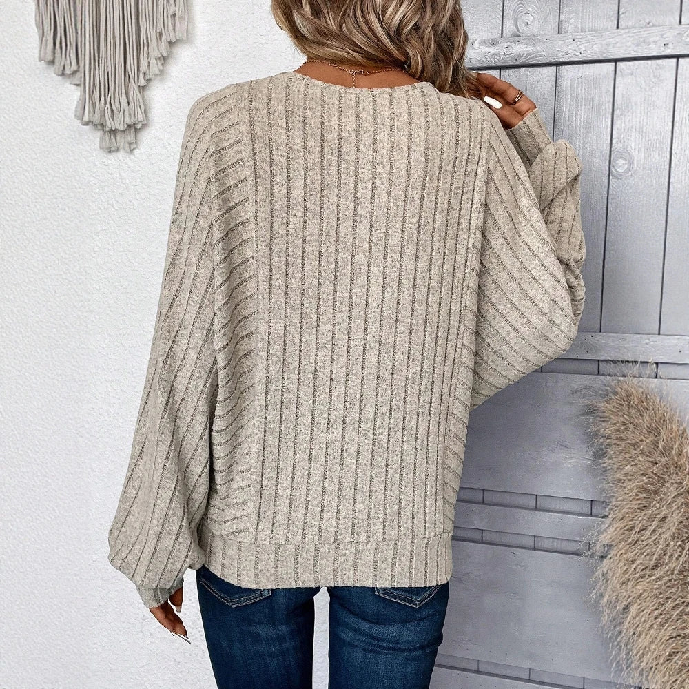 Women's 2025 Autumn Solid Color Long Sleeve Round-Neck Stripes Loose Fit T-Shirts