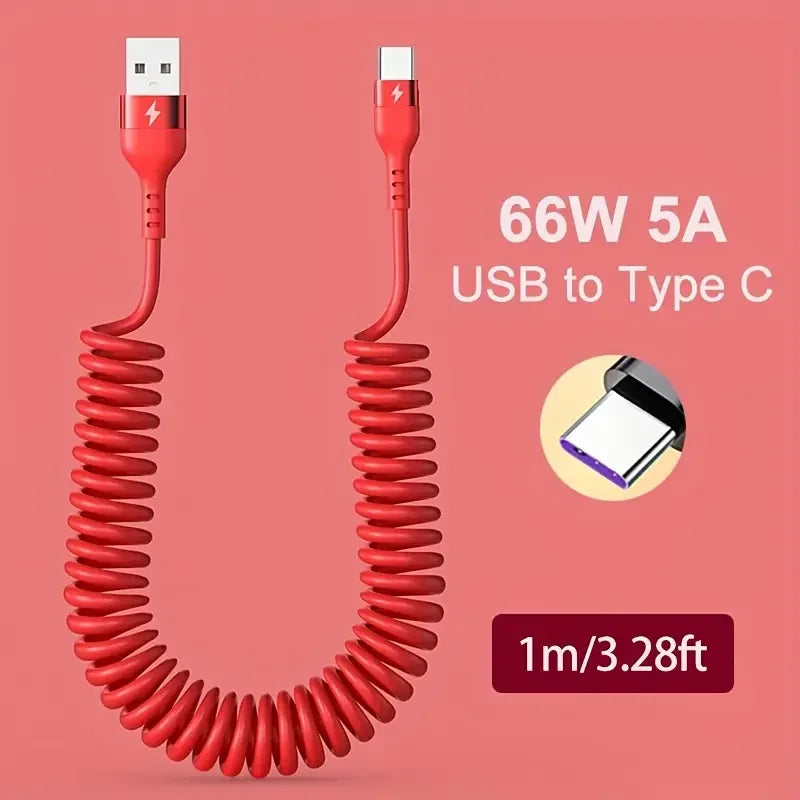66W 5A USB Type C Cable Fast Charging Spring Telescopic PD60W Type C To USB C Phone Charge Cable For Huawei Xiaomi Redmi Honor