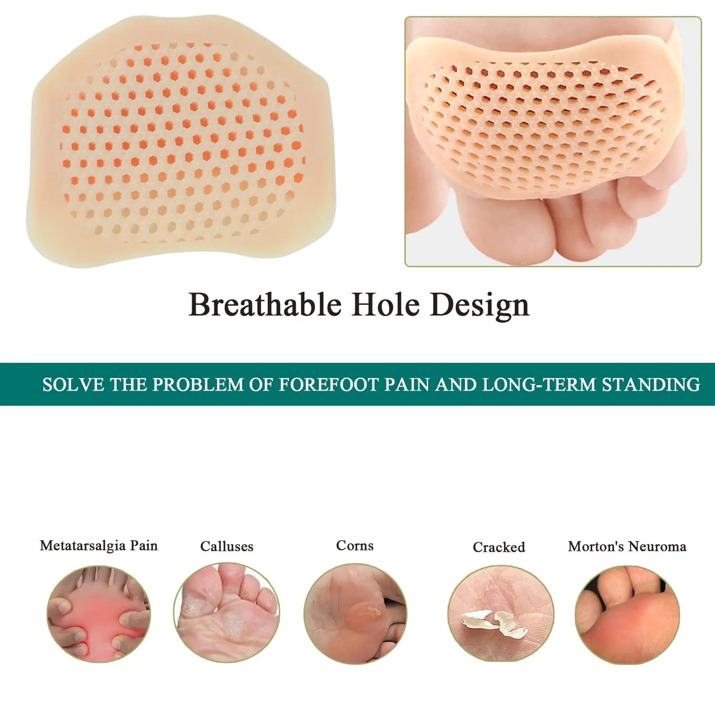 2pcs Soft Gel Metatarsal Pads Forefoot Cushions for Pain Relief, Reusable Breathable Toe Sleeves Foot Care for Women and Men