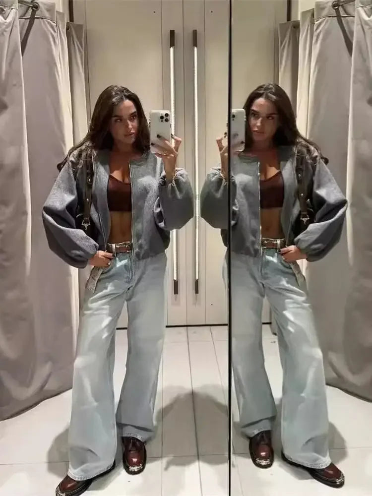 Women Retro Round Neck Long Sleeve Elastic Hem Zipper