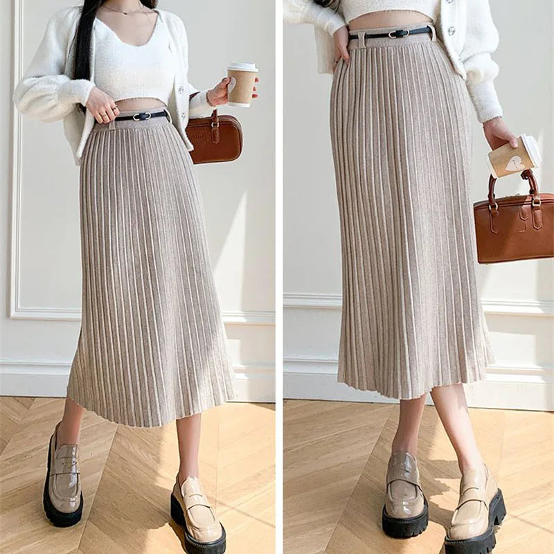 Fashion Temperament Gray Knitted Long Skirt Women Ko