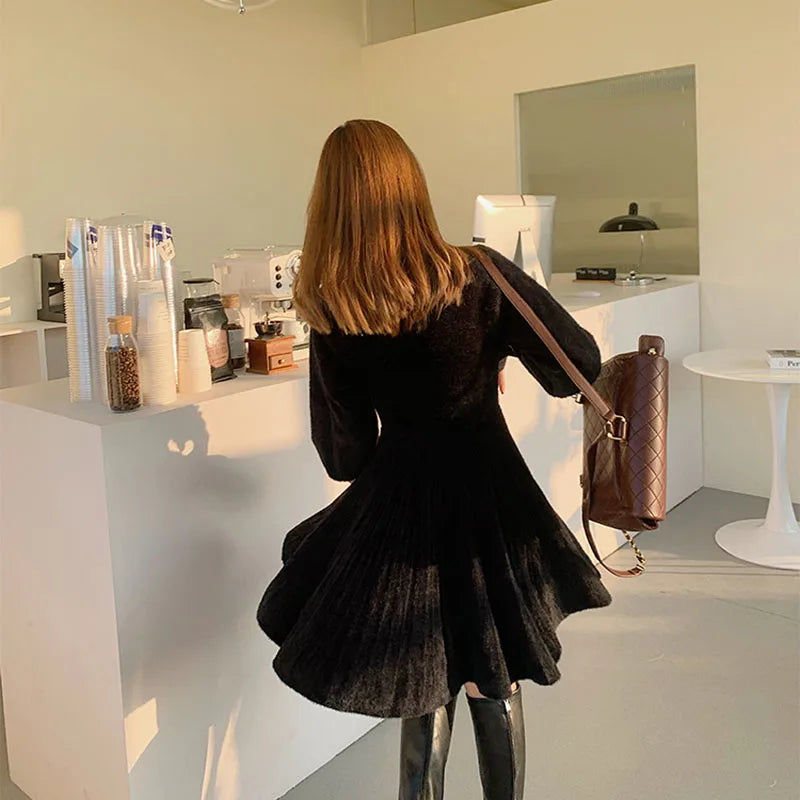 Sweet Cute Pink Faux Mink Cashmere Dress Women 2025