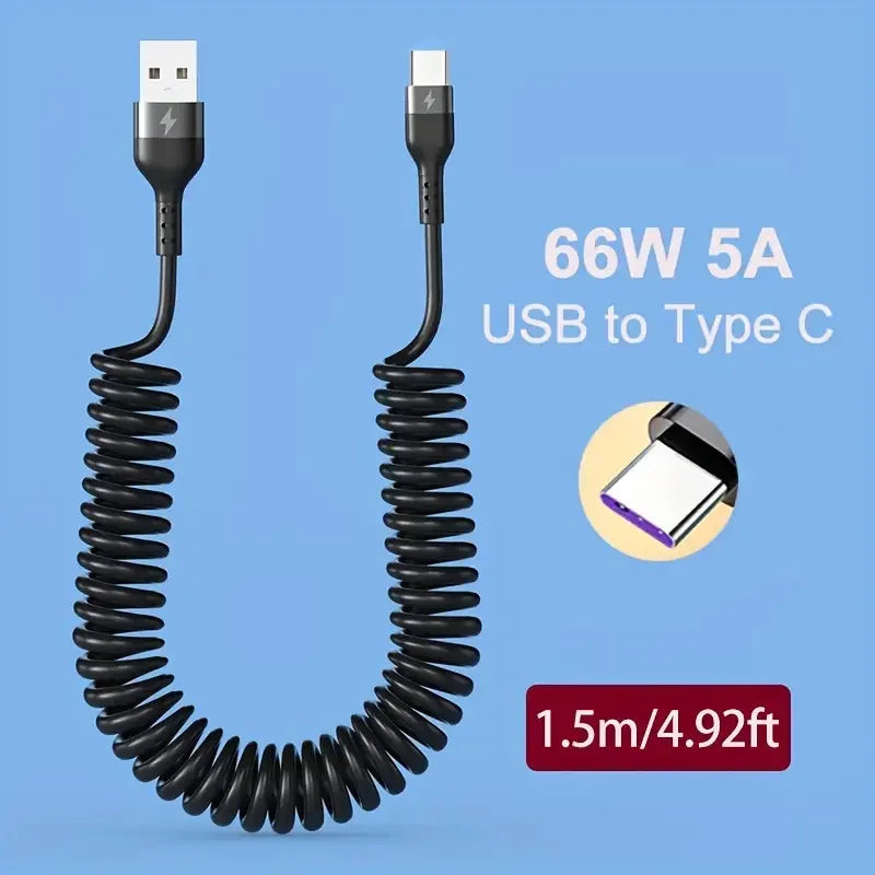66W 5A USB Type C Cable Fast Charging Spring Telescopic PD60W Type C To USB C Phone Charge Cable For Huawei Xiaomi Redmi Honor