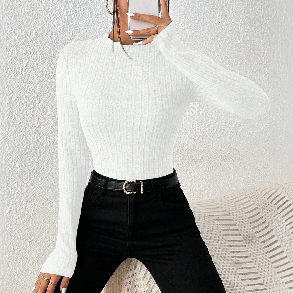 2025 Autumn Daily Basic Solid Color Long Sleeve Crew Neck Intellectual Elegant Fitting Slim T-Shirts