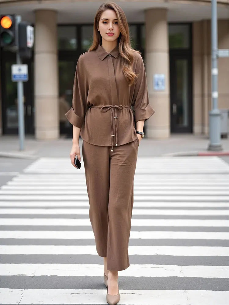 Women Kimono Style Blouse Pant Sets Long Sleeve Lace Up Shirt Loose Casual Elastic Waist Trousers Spring Lady Outfit