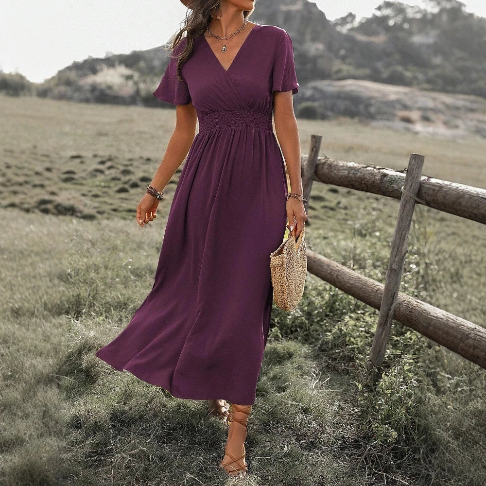 Women's Dresses Summer Fashion 2025 V-Neck A Line Midi Vacation Dresses