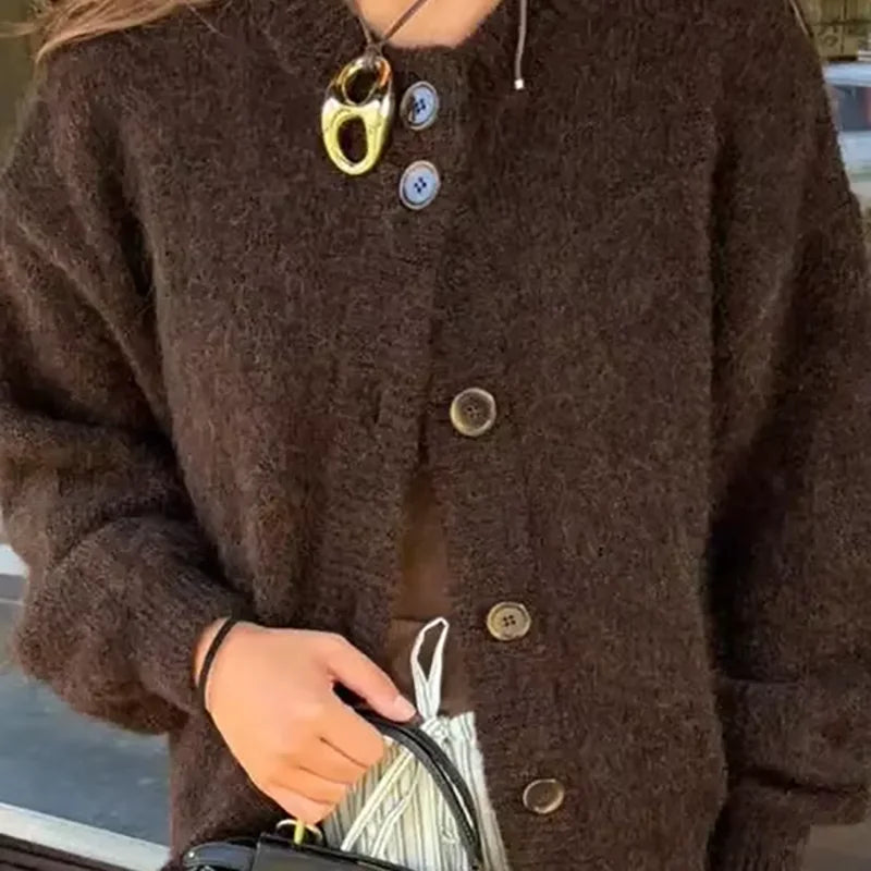 ITOOLIN Fashion Elegant Women's Knitted Button Jacket Brown Maillard Lazy Knitted Jacket Round Neck Long Sleeve Coats