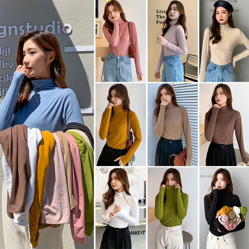 Solid Basic Modal Turtleneck Tshirts Women