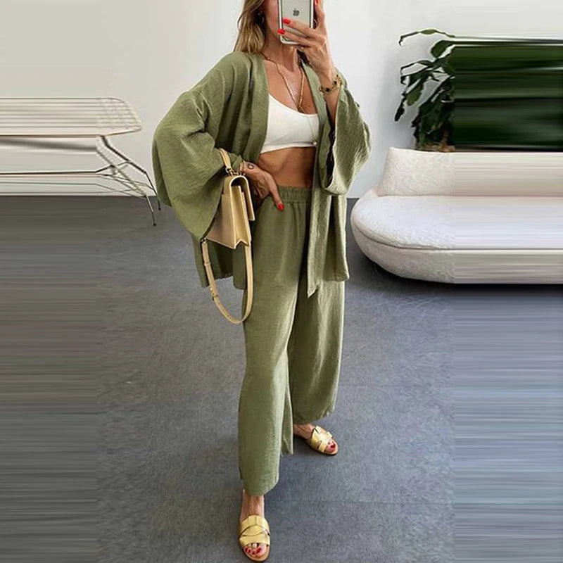 Two-Piece Sets Elegant Female Loose Solid Color Outfits