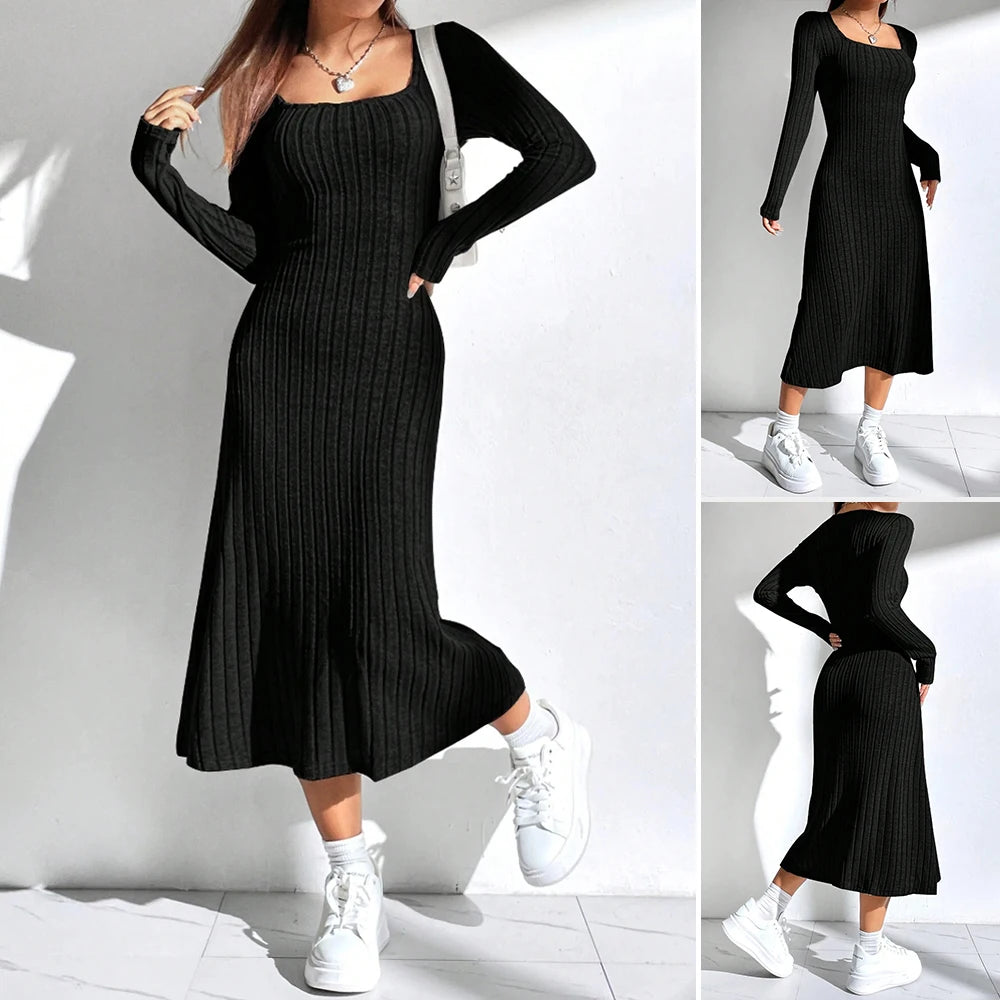 2025 Solid Color Long Sleeve Square Neck Nipped Waists Dresses For Women