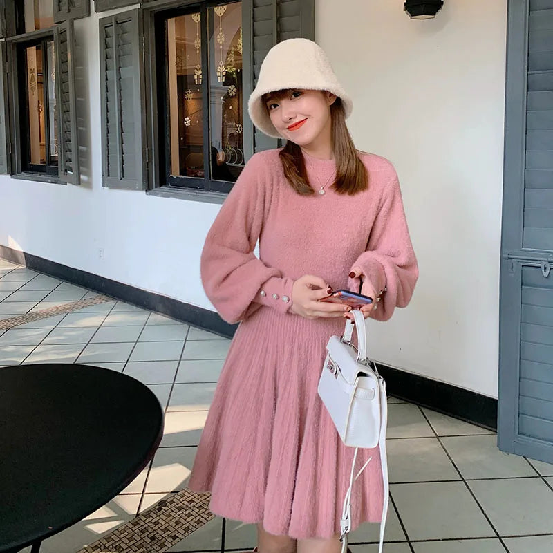 Sweet Cute Pink Faux Mink Cashmere Dress Women 2025