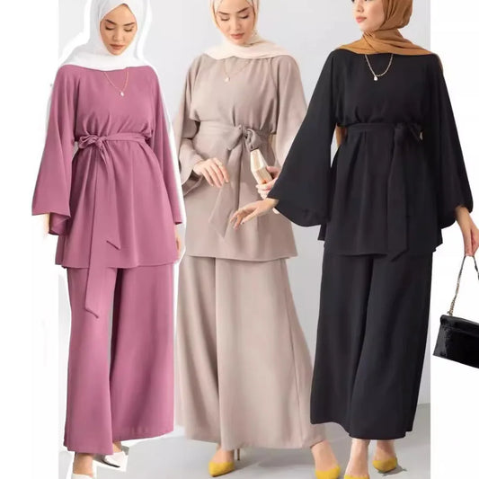 Lace Up Shirt Wide Leg Pants Suits Turkey Outfits