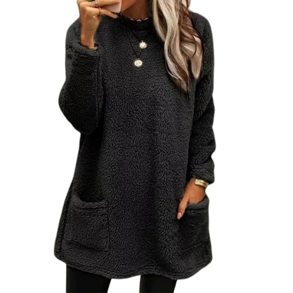 Women's Pullover Autumn Winter Casual Comfortable Plain Fleecing Pockets Long Sleeve Crew Neck Daily Pullover