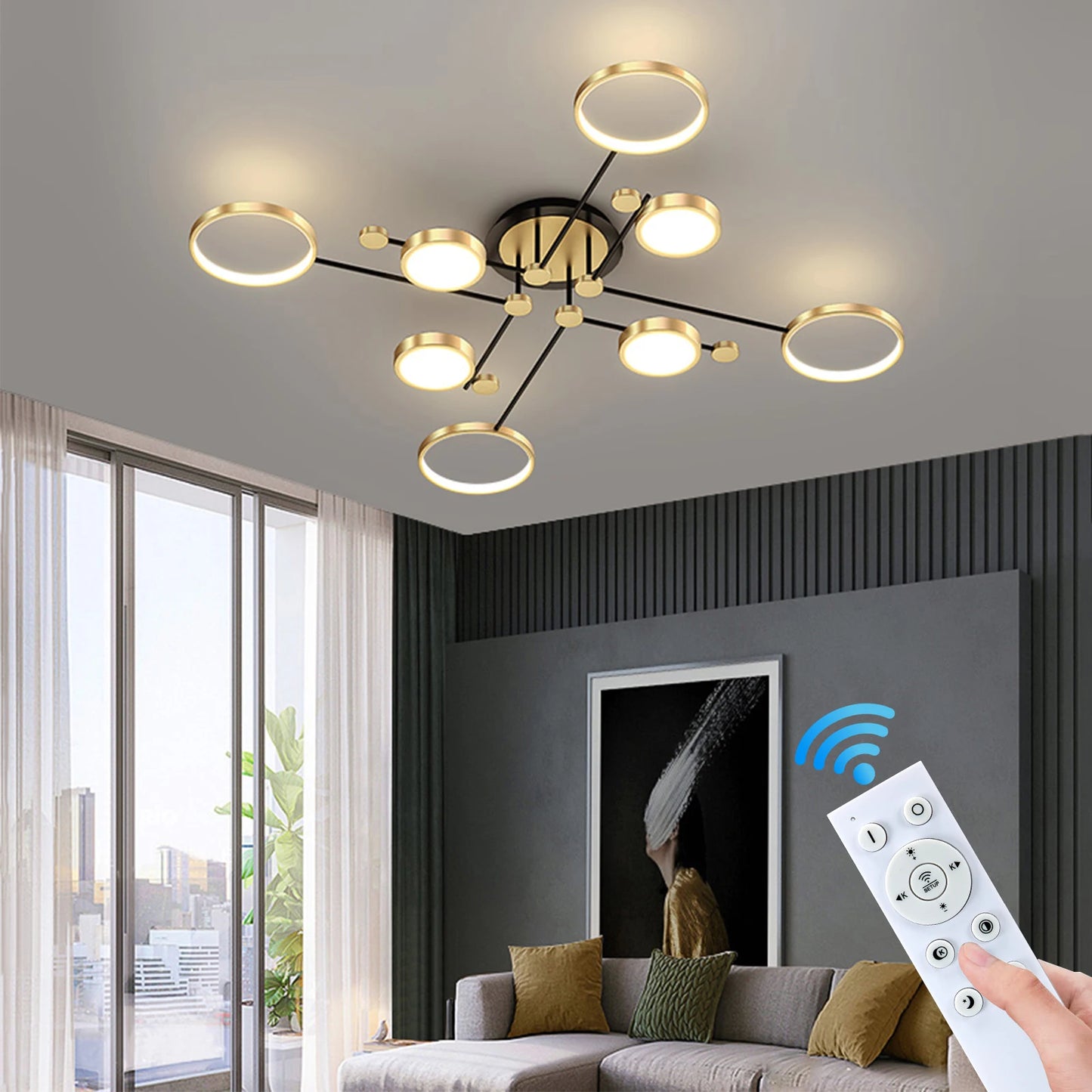 Nordic Pendant Light Gold Black Ceiling Chandelier Dimming Remote Control