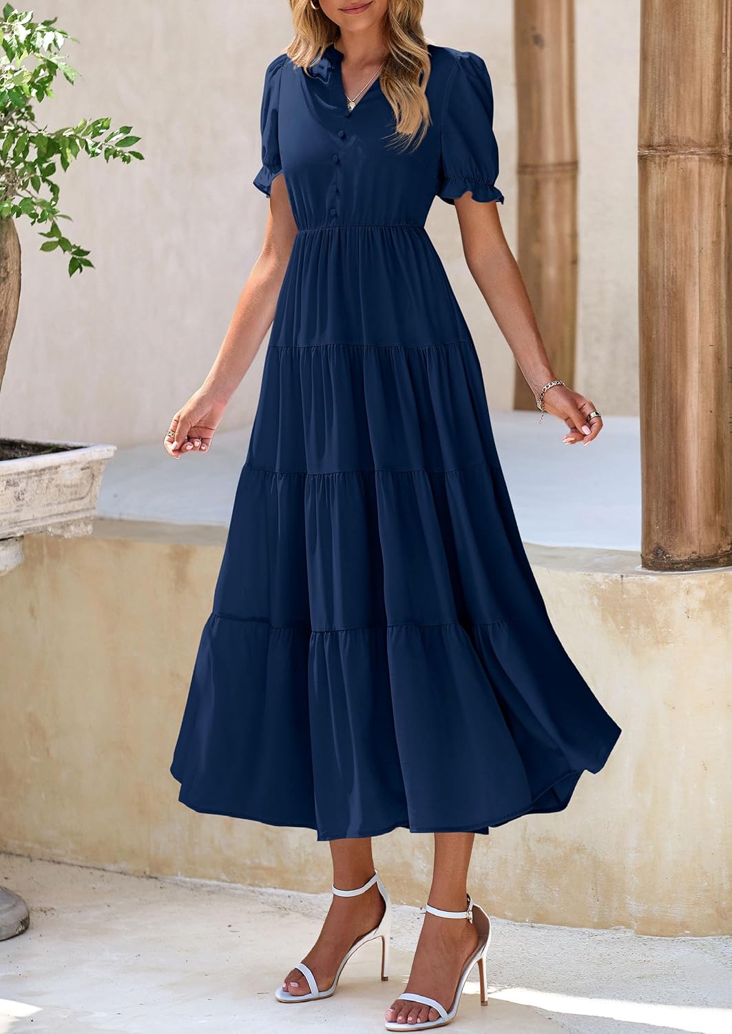 Chic Women's Summer Midi Dress 2025 - Short Sleeve V-Neck, Tiered & Flowy with Pockets for Beach Vacations