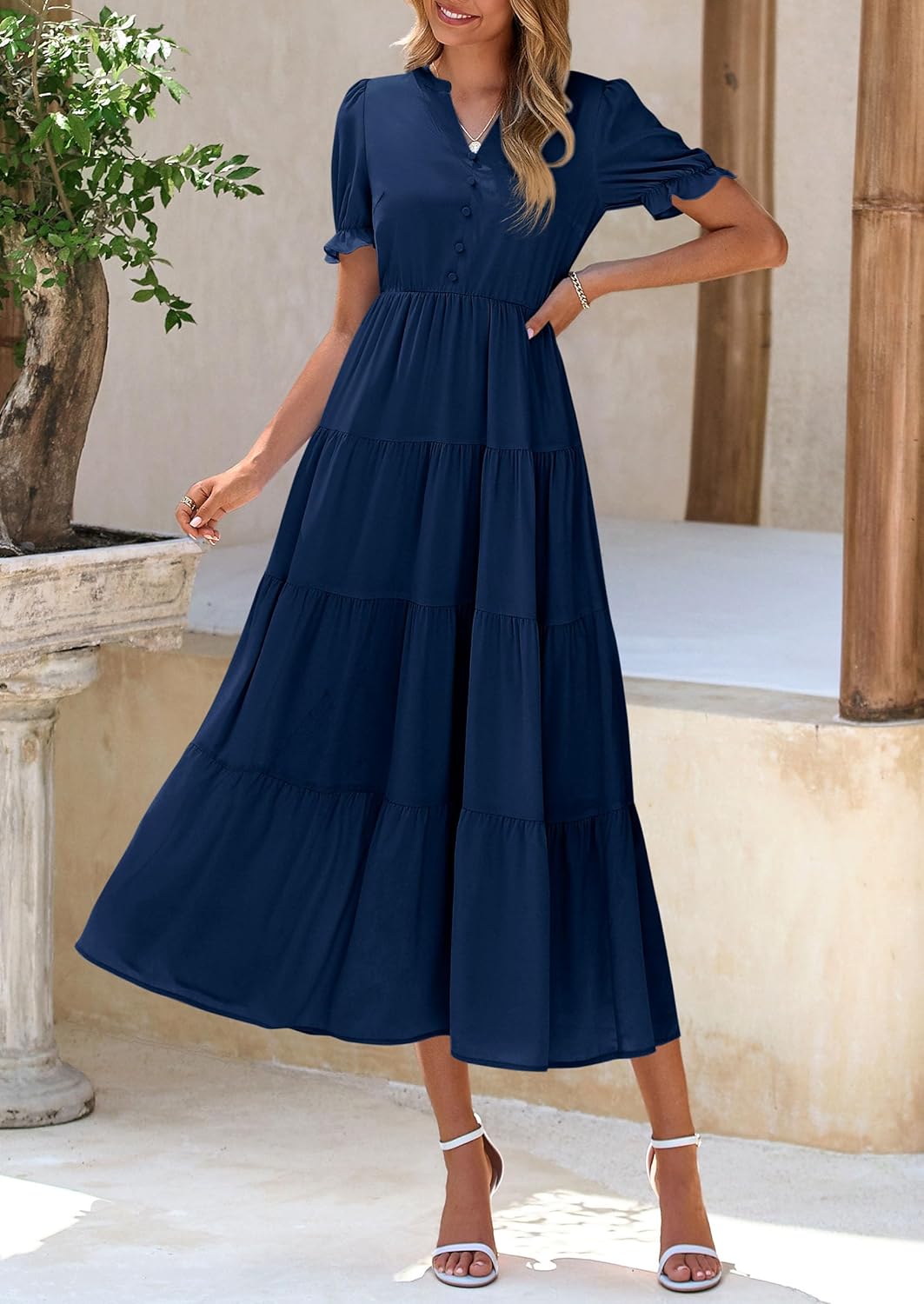 Chic Women's Summer Midi Dress 2025 - Short Sleeve V-Neck, Tiered & Flowy with Pockets for Beach Vacations