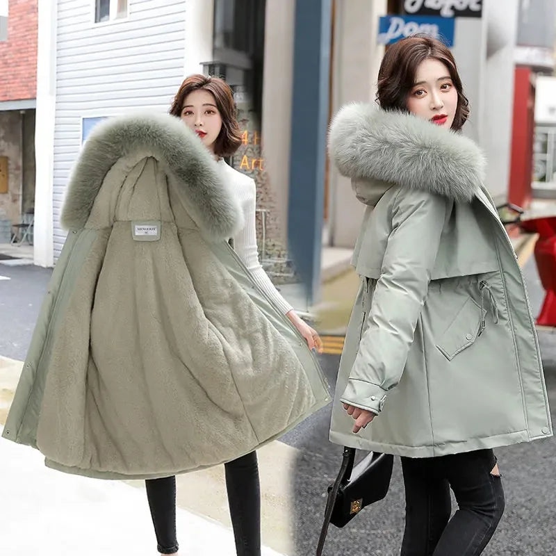 Long Coat Wool Liner Hooded Parkas Slim With Fur Collar Warm Snow Wear Padded Clothes