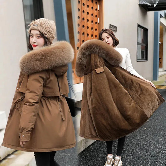 Long Coat Wool Liner Hooded Parkas Slim With Fur Collar Warm Snow Wear Padded Clothes