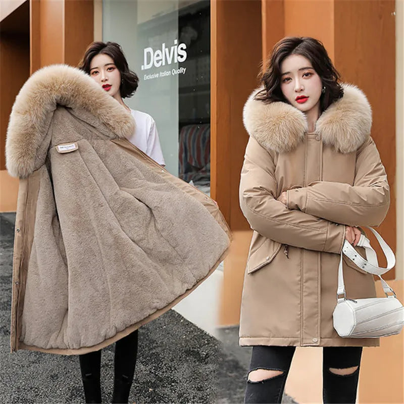 Long Coat Wool Liner Hooded Parkas Slim With Fur Collar Warm Snow Wear Padded Clothes
