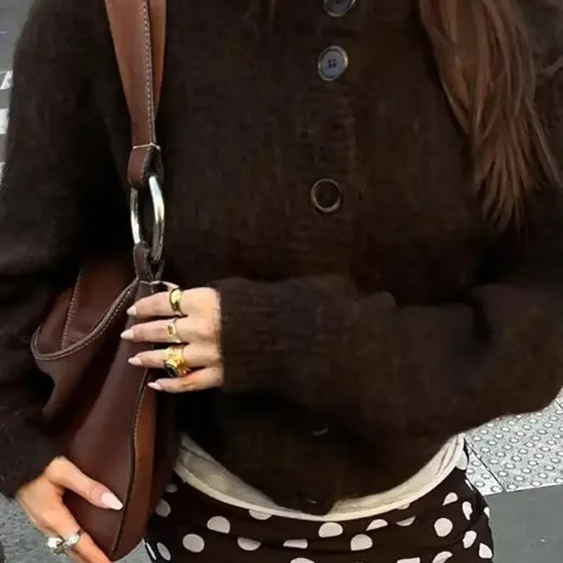 ITOOLIN  Fashion Elegant Women's Knitted Button Jacket Brown Maillard Lazy Knitted Jacket Round Neck Long Sleeve Coats