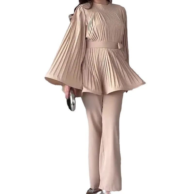 Muslim Suits Women Lace Up Blouse Wide Leg Pants Sets