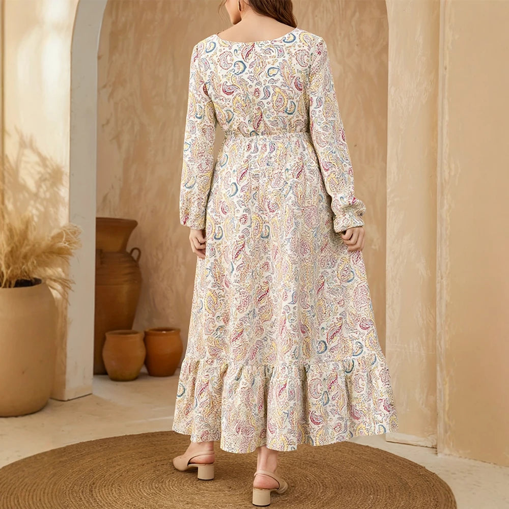 Chic Basic Paisley Long Sleeve Round Neck Midi  Long Dresses