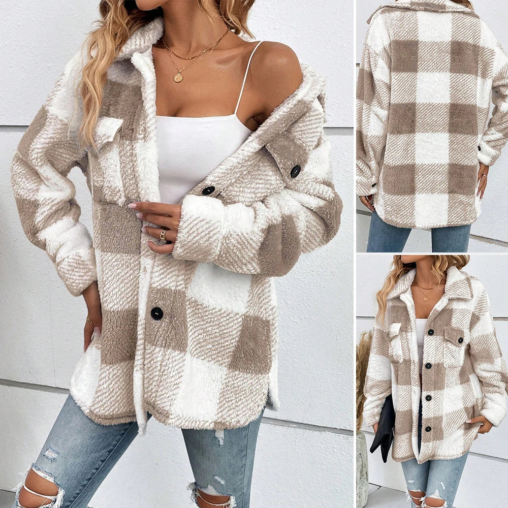 Autumn Winter Women's Coats Casual Basics Plaid Single Breasted Long Sleeve Shirt Collar Daily Coats