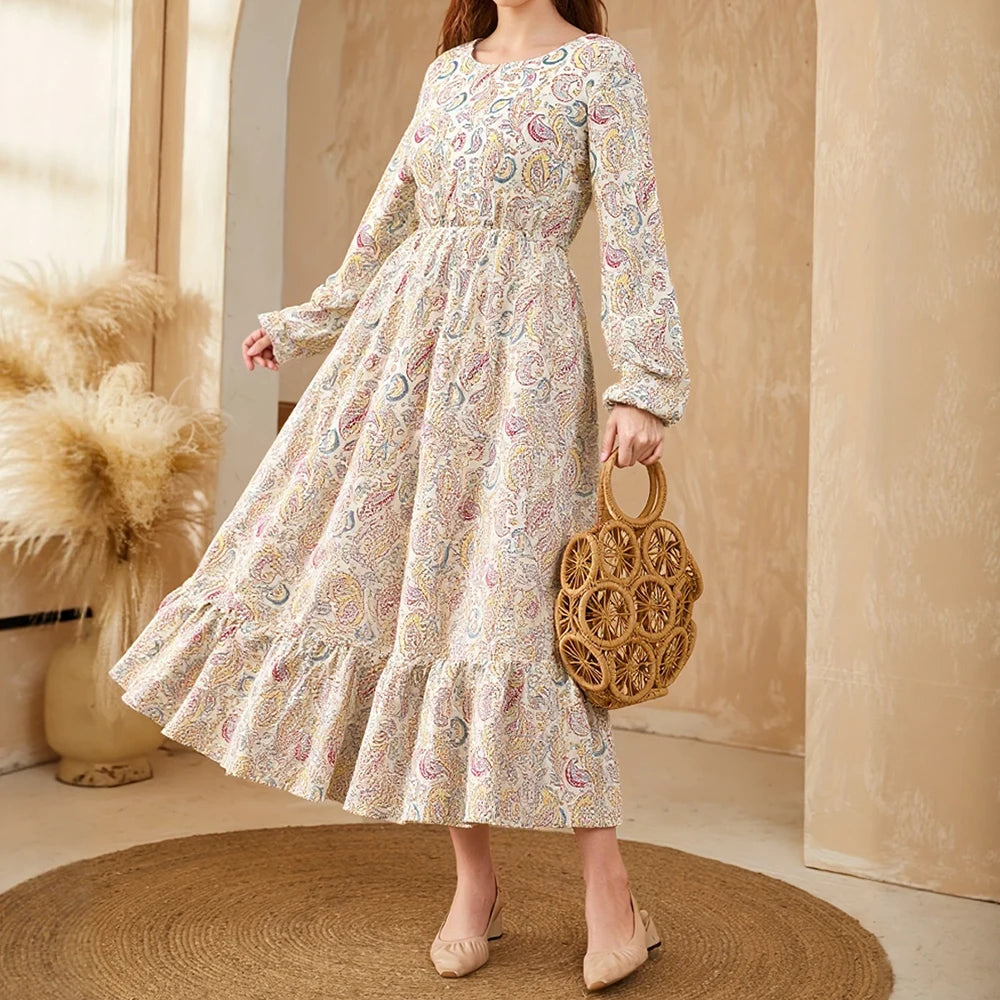 Chic Basic Paisley Long Sleeve Round Neck Midi  Long Dresses