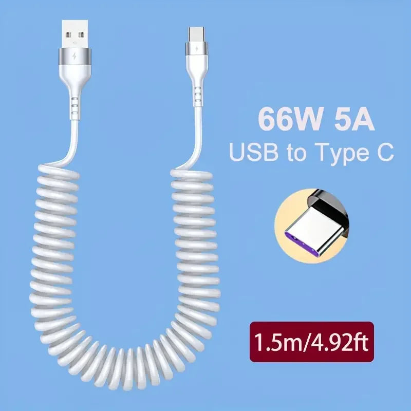 66W 5A USB Type C Cable Fast Charging Spring Telescopic PD60W Type C To USB C Phone Charge Cable For Huawei Xiaomi Redmi Honor