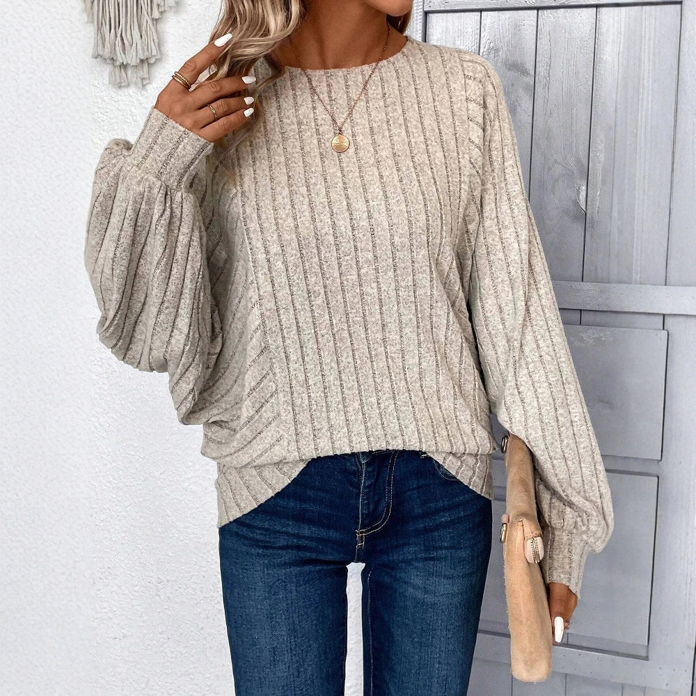 Women's 2025 Autumn  Solid Color Long Sleeve Round-Neck Stripes Loose Fit  T-Shirts