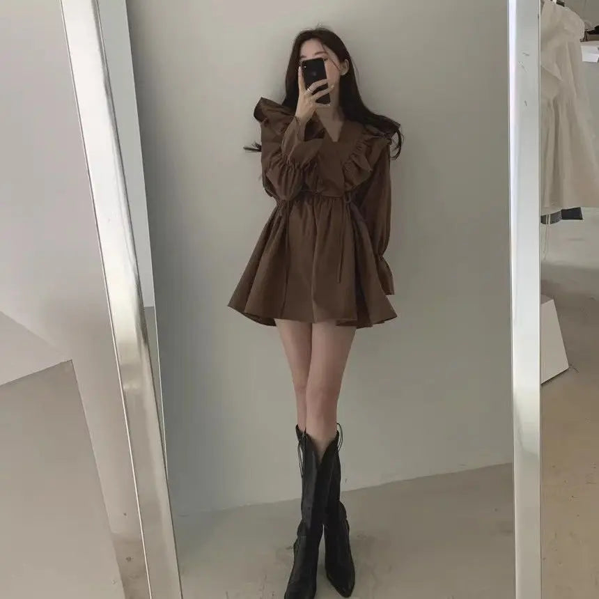 Woman Long Sleeve Dress Tie-up