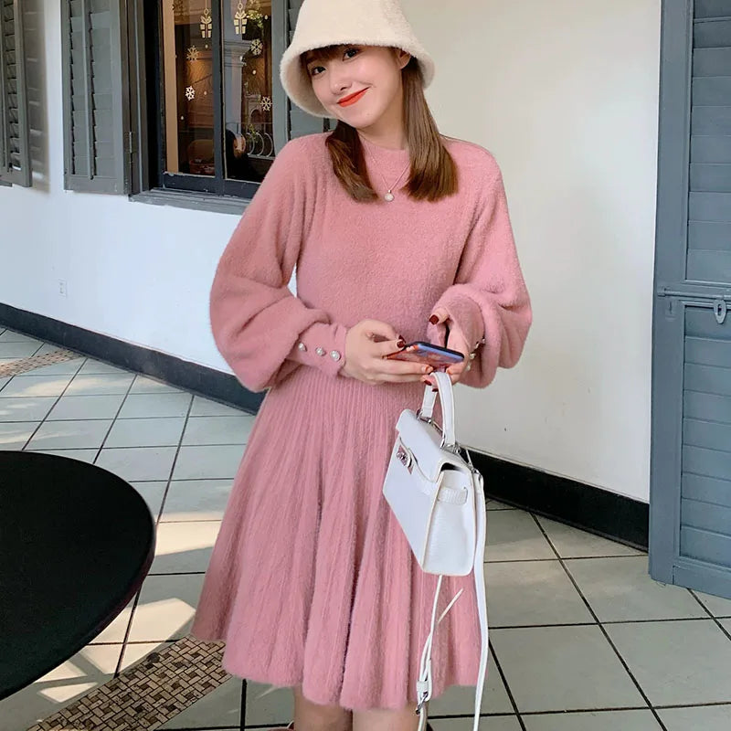 Sweet Cute Pink Faux Mink Cashmere Dress Women 2025