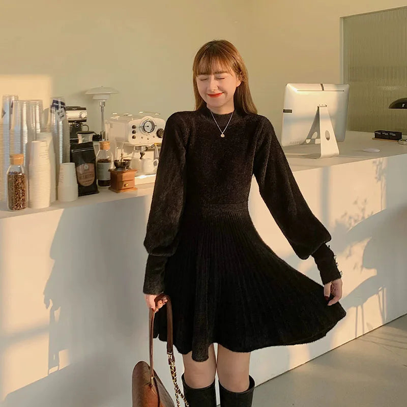 Sweet Cute Pink Faux Mink Cashmere Dress Women 2025