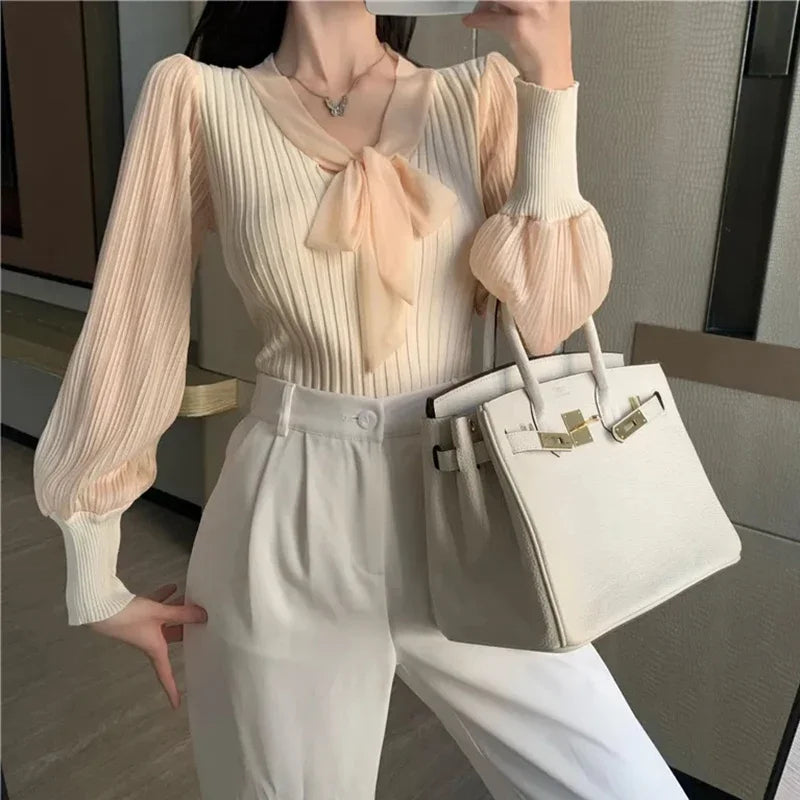 Lucyever Korean Chic Bow V-Neck Women Sweater