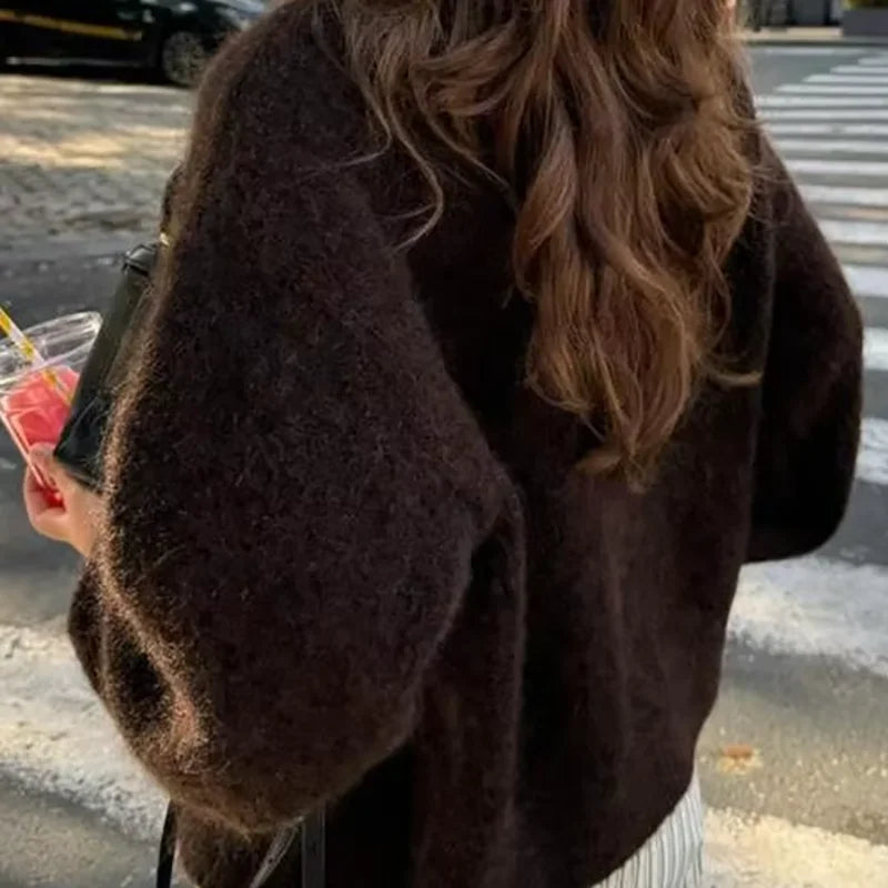 ITOOLIN  Fashion Elegant Women's Knitted Button Jacket Brown Maillard Lazy Knitted Jacket Round Neck Long Sleeve Coats