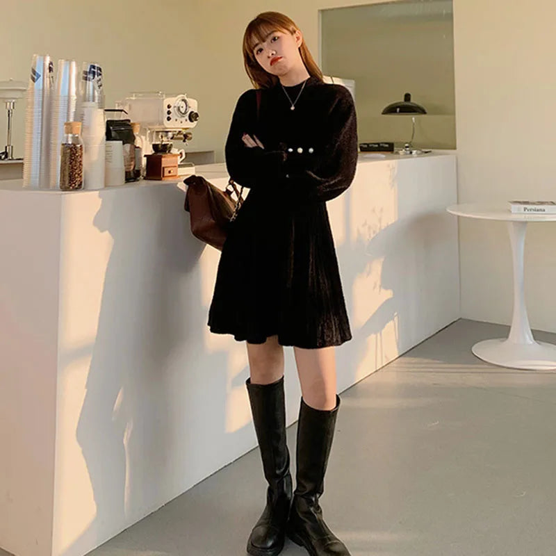 Sweet Cute Pink Faux Mink Cashmere Dress Women 2025